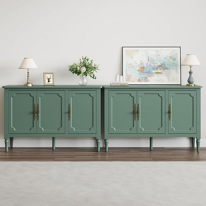 FansaFurn 3-Door Storage Cabinet Set of 2 with Adjustable Shelves, Accent Sideboard Cabinet with Turned Legs, Wood Pantry Cabinet, Buffet Cabinet for Entryway, Living Room, Dining Room, Green
