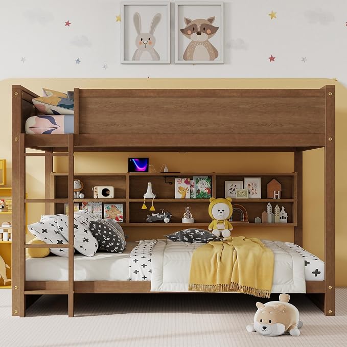RUNNA Queen Over Queen Bunk Bed with Storage,Charging Station,Solid Wood | Queen over queen bunk bed with storage,USB, solid wood frame, guardrails, no box spring needed,space saving design
