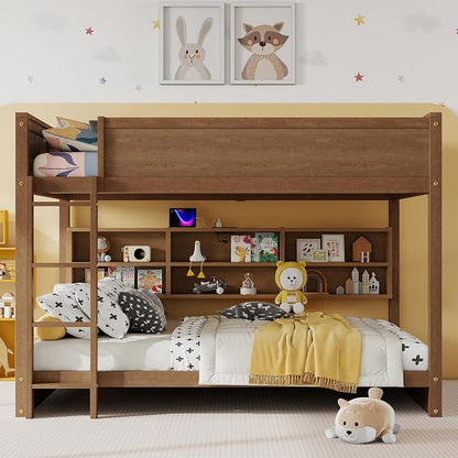 RUNNA Queen Over Queen Bunk Bed with Storage,Charging Station,Solid Wood | Queen over queen bunk bed with storage,USB, solid wood frame, guardrails, no box spring needed,space saving design
