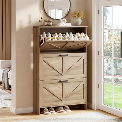 Nicetree Freestanding Shoe Cabinet for Entryways – Shaker Barn Door Style, 3 Flip Drawers, Ultra Slim 9.5" Depth – Farmhouse Shoe Rack with 3 Adjustable Shelves – Caramel Organizer for Hallway & Foyer