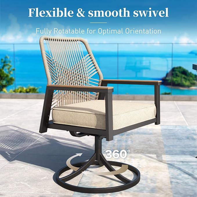 Patio Dining Set 9 Piece, 8 x Woven Rattan Swivel Chairs with Waterproof Cushion, 67" Round Metal Dining Table with Umbrella Hole, Outdoor Table and Chairs Set for Backyard Lawn and Deck, Beige