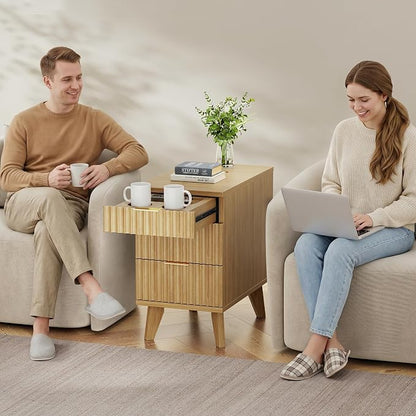 Kalrin Narrow Nightstand with Hidden Outlets & USB Ports, Modern Fluted Bedside Table with 3 Drawers, Engineering Wooden End Tables for Bedroom and Living Room(Natural Oak)