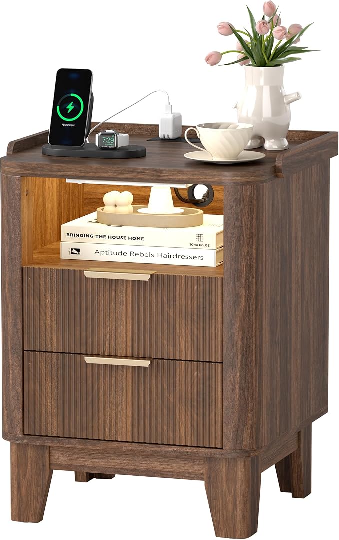 Turosur Night Stand with Charging Station, Fluted Nightstand with 2 Drawers and LED Light, Wood Bedside Table with Open Storage for Bedroom, Walnut