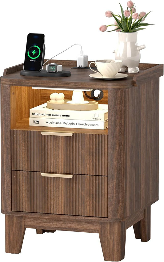 Turosur Night Stand with Charging Station, Fluted Nightstand with 2 Drawers and LED Light, Wood Bedside Table with Open Storage for Bedroom, Walnut