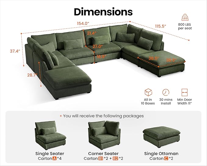 154" Oversized Corduroy Couch Modular Sectional Sofa, Washable Cloud Couch Sectional with 4 Ottoman, 8 Seater Sectional Couches for Living Room, Fully Cover Removable, Sleeper Sofa, Corduroy, Green