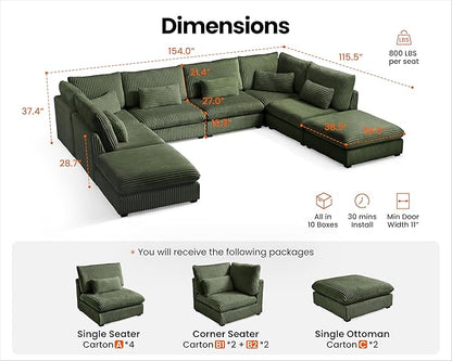 154" Oversized Corduroy Couch Modular Sectional Sofa, Washable Cloud Couch Sectional with 4 Ottoman, 8 Seater Sectional Couches for Living Room, Fully Cover Removable, Sleeper Sofa, Corduroy, Green