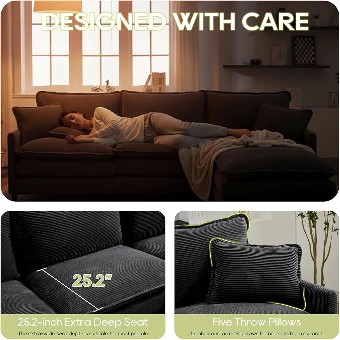 113" Chenille Modular Sectional Sofa, Convertible L Shaped Modular Sofa Comfy Cloud Couch with Ottoman, Side Pockets and 5 Throw Pillows for Living Room (Corduroy Black, 113'' - 4 Seat)
