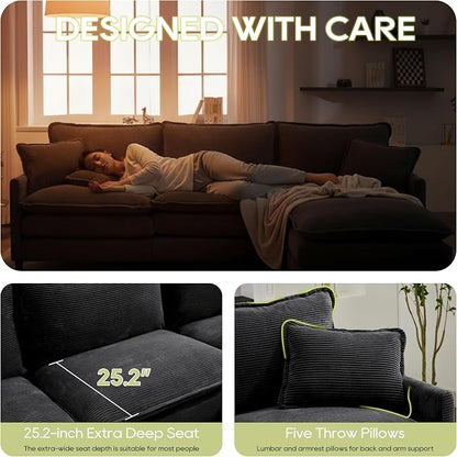113" Chenille Modular Sectional Sofa, Convertible L Shaped Modular Sofa Comfy Cloud Couch with Ottoman, Side Pockets and 5 Throw Pillows for Living Room (Corduroy Black, 113'' - 4 Seat)
