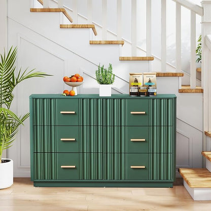 Fluted Double Dresser for Bedroom with 6 Drawers, 47" Wide Modern Chest of Drawers with Curved Profile Design, Wood Closet Clothes Storage Organizer Dresser TV Stand for Living Room, Hallway, Green