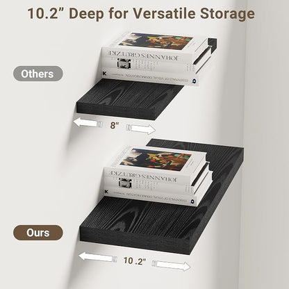 Vivelove 16 Inches Floating Shelves Wall Mounted, 10" Deep Wall Shelves for Bedroom, Bathroom, Living Room, Kitchen, Office, Home Decor, Modern Shelf, Set of 2, Black, 16x10.2x1.5