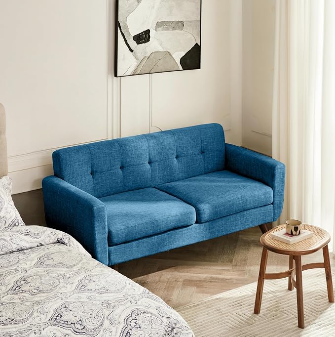 Tbfit 65" W Loveseat Sofa, Mid Century Modern Decor Love Seat Sofas and Couches for Living Room, Button Tufted Upholstered Small Couch for Bedroom, Solid and Easy to Install Love Seats Furniture, Blue