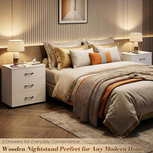 Aheaplus Night Stand with Charger Station, 21.7'' Wider Nightstands with 3 Wooden Drawers, Large Bedside Table, Modern Tall End Side Table, Nightstand for Bedroom, White