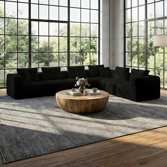 Avenco 141” 6-Seat Modular Sectional Sofa Couch, Individually Wrapped Coil Support & Corduroy Fabric, Zero Assembly 6-Piece Set for Large Living Room, Black