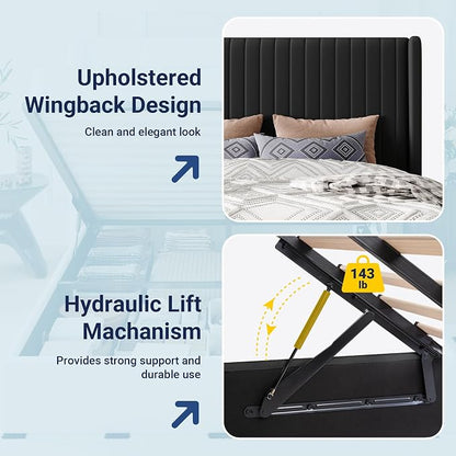 Allewie King Size Lift Up Storage Bed Frame, Hydraulic Support System, Upholstered Platform Bed Frame, Underneath Storage, Vertical Channel Tufted Headboard with Wingback, No Box Spring Needed, Black