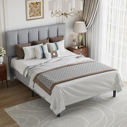 VECELO Full Size Bed Frame with Upholstered Headboard, Heavy-Duty Bedframe with Strong Wooden Slats Support, No Boxing Spring Needed, Light Grey