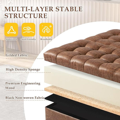 36" Large Square Ottoman with Storage, Tufted Upholstered Storage Ottoman with Lift Top & Solid Legs for Bedroom Room, Extra Large Coffee Tables Bench for Living Room as Footstool (Brown)