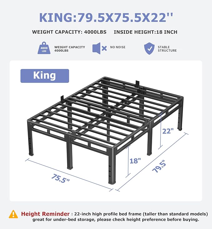 NKZ 22 Inch King Size Bed Frame, Metal Bed Frame & Box Spring 2 in 1 Platform with Round Corner Legs, 4000Lbs Heavy Duty Metal Frame, Mattress Slide Stopper, Headboard Hole, Noise-Free, Easy Assembly