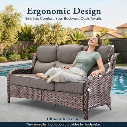 Belord Luxury 6" Thick Cushioned PE Wicker 3-Seater Outdoor Couch, All-Weather Comfortable Modern Patio Sofa, High Back Deep Seat Woven Outdoor Furniture for Porch Balcony, Lawn, Deck - BrownGrey