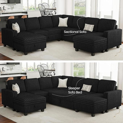 Belffin Oversized Sofa Bed Modular Sectional Sleeper Sofa with Pull Out Bed L Shaped Couch with Storage Chaise Black Couch