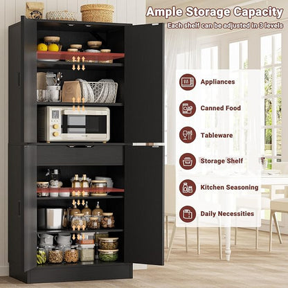 Unikito Black 71" Tall Kitchen Pantry Cabinet, Hidden Drawer and Farmhouse Barn Doors, 4 Adjustable Shelves, Freestanding Cupboard for Kitchen, Dining Room, Living Room, Utility Room