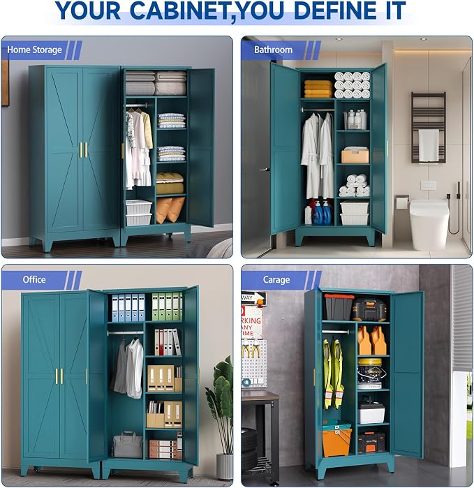 Steel Armoire Wardrobe Closet, 71" Metal Clothing Storage Cabinets with 2 Doors & 3 Adjustable Shelves, Blue Wardrobe Cabinet with Hanging Rod for Bedroom, Gym