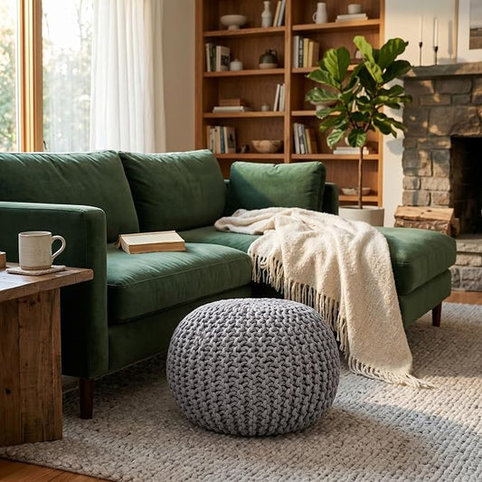 BIRDROCK HOME Round Pouf Ottoman Foot Rest - 18.5”x18.5”x15” Boho Compact Comfortable Soft Cotton Braided Foot Stool with Bean Bag Filling for Living Room, Bedroom, or Nursery (Light Gray)