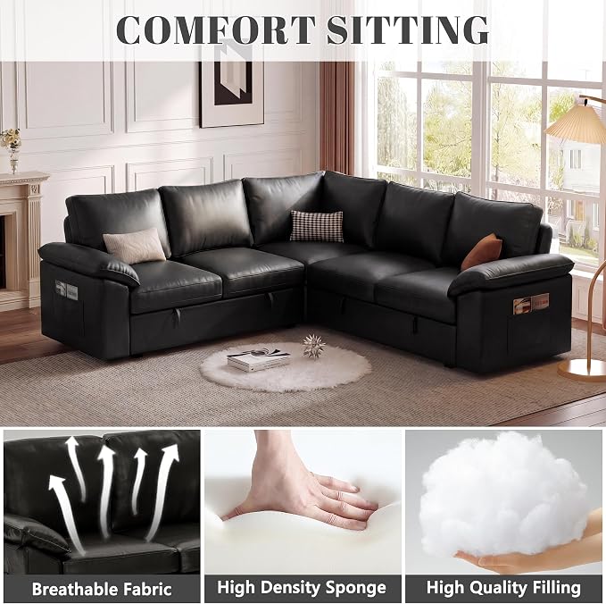 85 Inch Faux Leather Modular Sectional Sofa with Pull Out Bed, L Shaped 5 Seat Sectional Sleeper Sofa with Storage, Sectional Couches for Living Room, Cloud Modular Couch,Black Leather