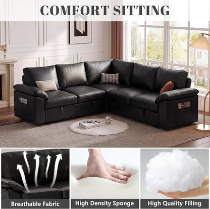 85 Inch Faux Leather Modular Sectional Sofa with Pull Out Bed, L Shaped 5 Seat Sectional Sleeper Sofa with Storage, Sectional Couches for Living Room, Cloud Modular Couch,Black Leather