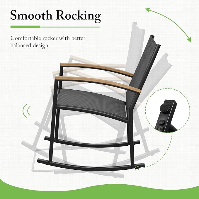 Shintenchi 3 Pieces Patio Rocking Bistro Sets,Outdoor Textilene Fabric Conversation Bistro Set,Front Porch Rocker Chairs Small Patio Furniture Set with Table for Lawn,Garden,Balcony(Black)