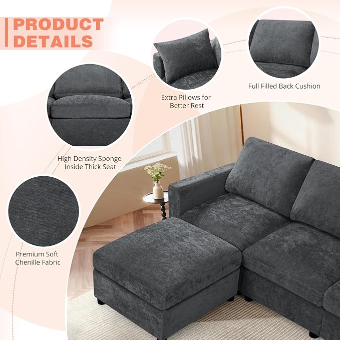84” Chenille 3-Seats Sofa W/Movable Ottoman, Grey | Modern Fabric L-Shaped Couch w/Soft Backrests, Upholstered Sectional Sofa w/Arm Pillows for Living Room