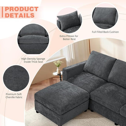 84” Chenille 3-Seats Sofa W/Movable Ottoman, Grey | Modern Fabric L-Shaped Couch w/Soft Backrests, Upholstered Sectional Sofa w/Arm Pillows for Living Room
