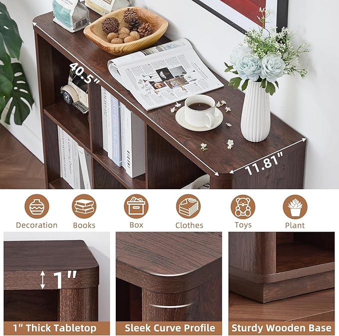 Joaxswe 9 Cube Bookshelf, 40.5" Wide Organizer Bookcase with Curved Edge, Wood Floor Standing 3-Tier Cubby Book Shelf with Base, Vintage Display Storage Cabinet for Living Room, Home Office, Walnut