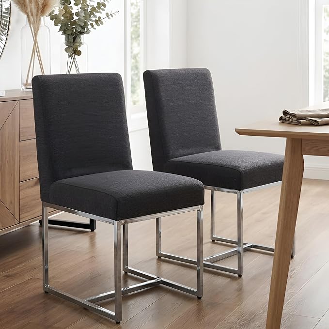 HNY Modern Dining Chairs Set of 2, Upholstered Linen Dining Room Chairs with Ergonomic Back & Polished Silver Metal Frame for Home, Kitchen, Apartment, Charcoal Black