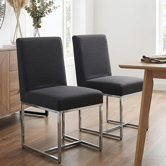 HNY Modern Dining Chairs Set of 2, Upholstered Linen Dining Room Chairs with Ergonomic Back & Polished Silver Metal Frame for Home, Kitchen, Apartment, Charcoal Black