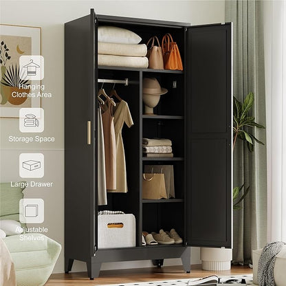 Baborokic Metal Wardrobe Cabinet with Hanging Rod,Large 71" Armoire Wardrobe Closet with Adjustable Shelves and Doors,Farmhouse Metal Office Cabinets for Bedroom,Office,Employee(Black)