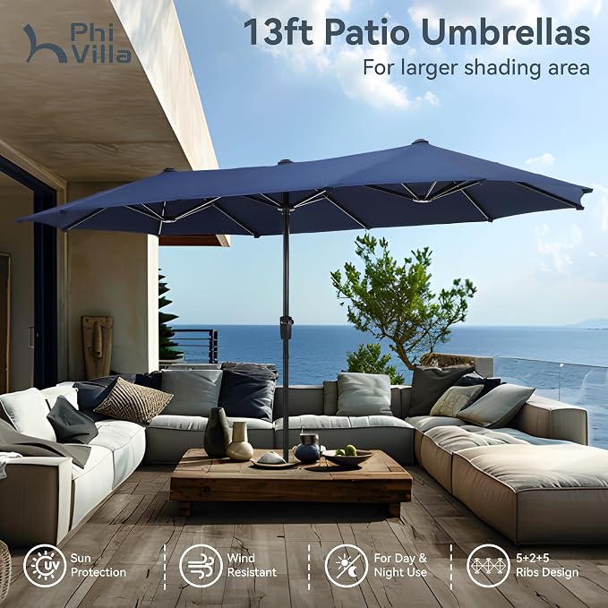 PHI VILLA Patio Dining Set with Umbrella for 6 Person, Outdoor Swivel Dining Chairs Set and 1 Large Rectangular Wooden-Like Top Table with 13ft Navy Blue Outdoor Market Umbrella(No Base)