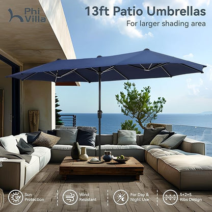 PHI VILLA Outdoor Dining Set with Umbrella for 6, Swivel Mesh Chairs | Includes 1 rectangle metal table, 6 textilene chairs and 13ft blue umbrella(NO BASE), designed for deck, backyard, garden