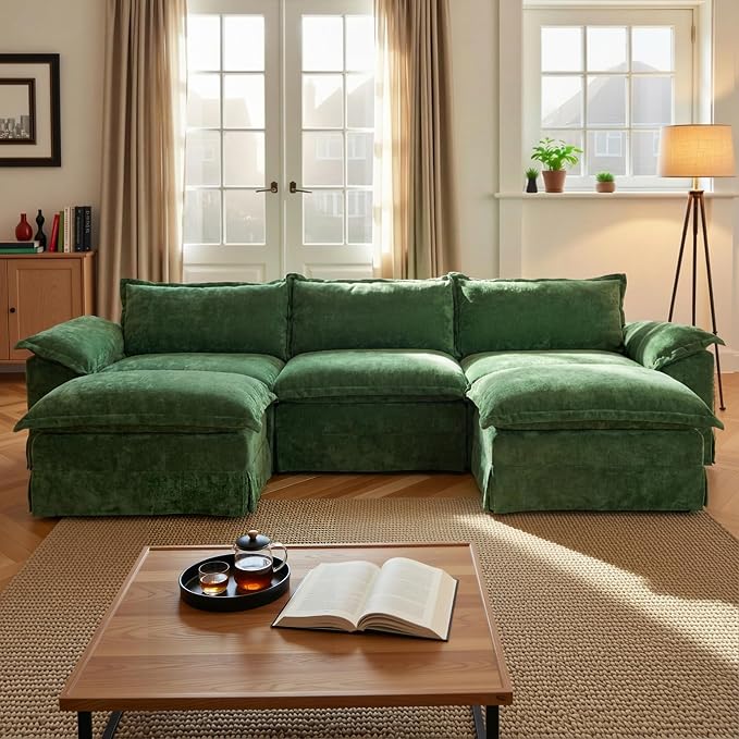 Claiks 123" Modular Boneless Couch, U Shaped Couch for Living Room, Modern Deep Seat Sofa 3 Seater Chenille Fabric Comfy Cloud Couches with Movable Ottoman, Dark Green
