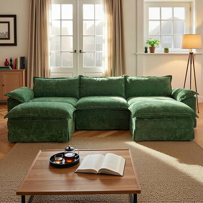 Claiks 123" Modular Boneless Couch, U Shaped Couch for Living Room, Modern Deep Seat Sofa 3 Seater Chenille Fabric Comfy Cloud Couches with Movable Ottoman, Dark Green
