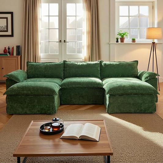 Claiks 123" Modular Boneless Couch, U Shaped Couch for Living Room, Modern Deep Seat Sofa 3 Seater Chenille Fabric Comfy Cloud Couches with Movable Ottoman, Dark Green