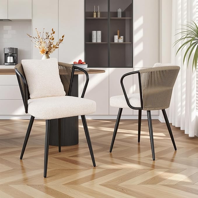 Modern Rattan Dining Chairs Set of 2, Upholstered Kitchen Chair with Metal Legs, Ergonomic Curved Backrest, Rope Weaving Living Room Chairs with Throw Pillow for Kitchen, Brown