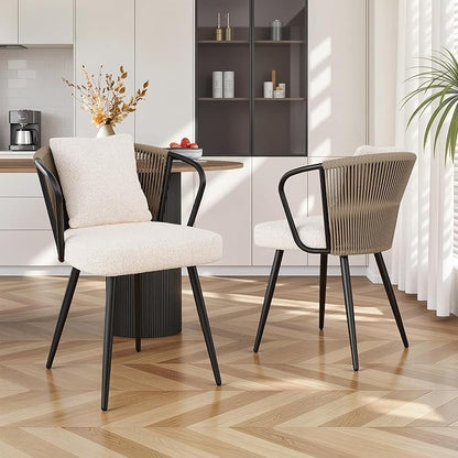 Modern Rattan Dining Chairs Set of 2, Upholstered Kitchen Chair with Metal Legs, Ergonomic Curved Backrest, Rope Weaving Living Room Chairs with Throw Pillow for Kitchen, Brown