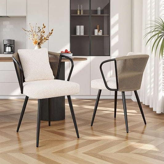 Modern Rattan Dining Chairs Set of 2, Upholstered Kitchen Chair with Metal Legs, Ergonomic Curved Backrest, Rope Weaving Living Room Chairs with Throw Pillow for Kitchen, Brown