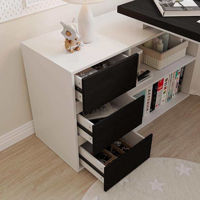 Bobve L Shaped Computer Desk, 47 Inch Home Office Desk with File Drawers & Storage Shelves, Small Corner Computer Desk for Small Space (White+Black)
