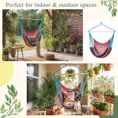 Barydat 2 Pcs Hanging Hammock Chair Boho Swing Chair Outdoor Indoor Comfy Soft Cotton Rope Weaving with 40 Inch Detachable Metal Bars for Backyard Living Room Garden, 270lb Capacity (Rainbow Color)