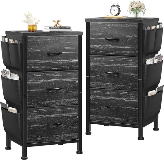 Night Stand Set 2, Night Stand with Drawers for Bedroom, Bedside Table with Wooden Top, Sturdy Steel Frame End Table, Dorm Nightstand for Bedroom, Entryway, Hallway, Closet, Cloth Bags, Hooks, Black