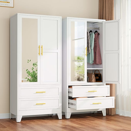 winiowa Metal Armoire Wardrobe Closet with 2 Drawers, 71" Wardrobe Cabinet with Adjustable Shelves and Hanging Rod, Clothing Storage Cabinet Closet with Mirror for Bedroom-White