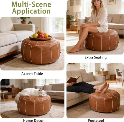 Thgonwid Unstuffed Moroccan Storage Pouf Foot Stool Ottoman Seat, No Filler Included, Handmade Faux Leather Bean Bag Floor Chair Foot Rest for Living Room, Bedroom or Balcony, Brown