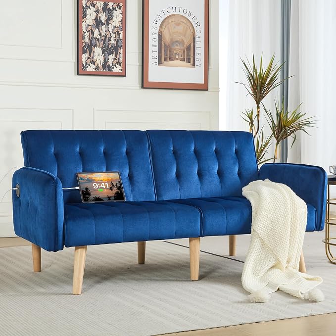 TYBOATLE 62.99" W Velvet Modern Convertible Folding Futon Couch Sofa Bed w/ 2 USB Charging Ports for Compact Living Space, Small Couches for Office, Dorm, RV Room, Apartment, Bedroom (Navy Blue)