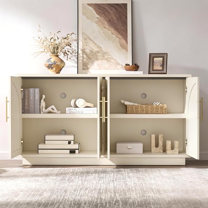 Fatmok 59" Sideboard Buffet Cabinet & TV Stand Set of 2, Modern Arched Credenza with Adjustable Shelves and Long Metal Handles, Wood Console Coffee Bar Storage for Living Room, Beige(Not White)